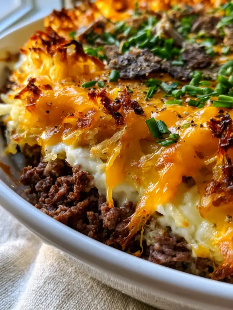 Extreme macro close-up of beef and hashbrown casserole showing shredded golden potatoes and melted cheddar cheese.