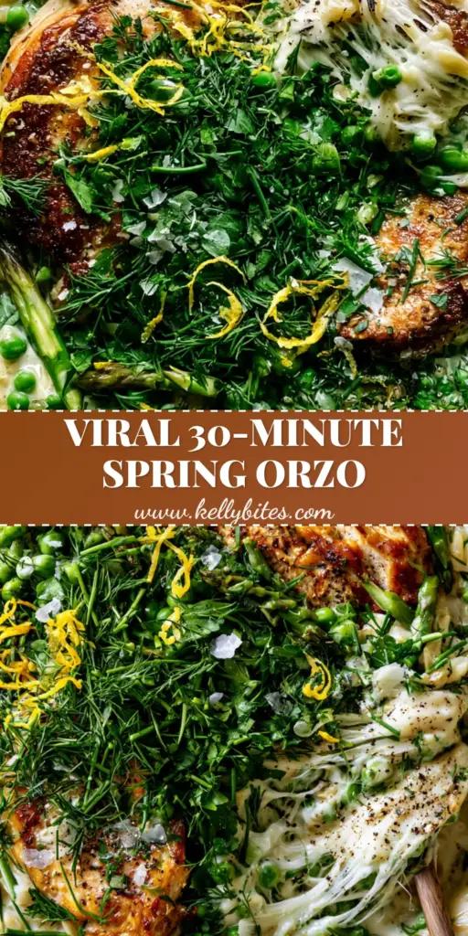 A top-down view of a luxury white skillet containing creamy spring herb chicken orzo with golden seared chicken and vibrant green vegetables.