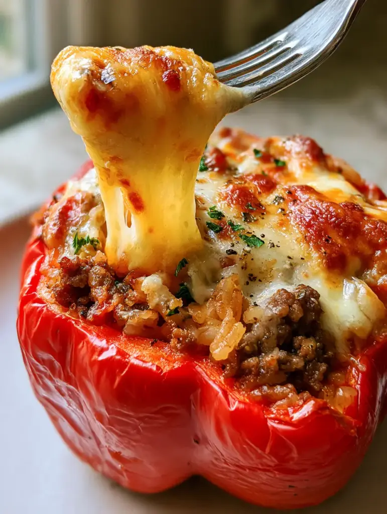 Macro photo of melted mozzarella cheese with golden-brown spots on top of a stuffed pepper with steam wisps.