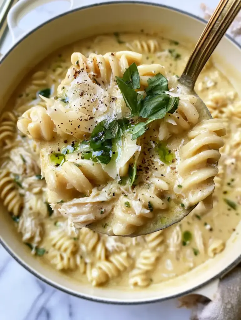 A ladle lifting a scoop of thick, creamy Italian chicken pasta soup from a white Dutch oven.