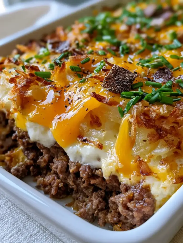 A close-up of a white ceramic dish filled with bubbling beef and hashbrown casserole topped with chives.