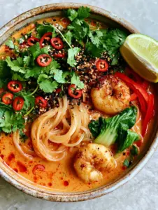 Close-up of steaming Thai red curry noodle soup with glossy rice noodles and vibrant green bok choy.