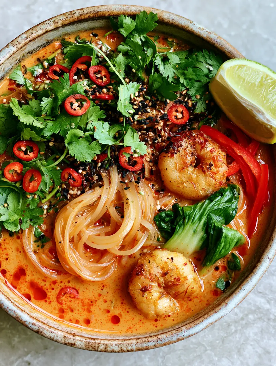Close-up of steaming Thai red curry noodle soup with glossy rice noodles and vibrant green bok choy.