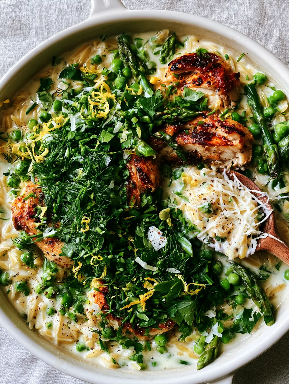 Close up photo of velvety orzo pearls in a lemon cream sauce with seared chicken and fresh herbs. (creamy spring herb chicken orzo)
