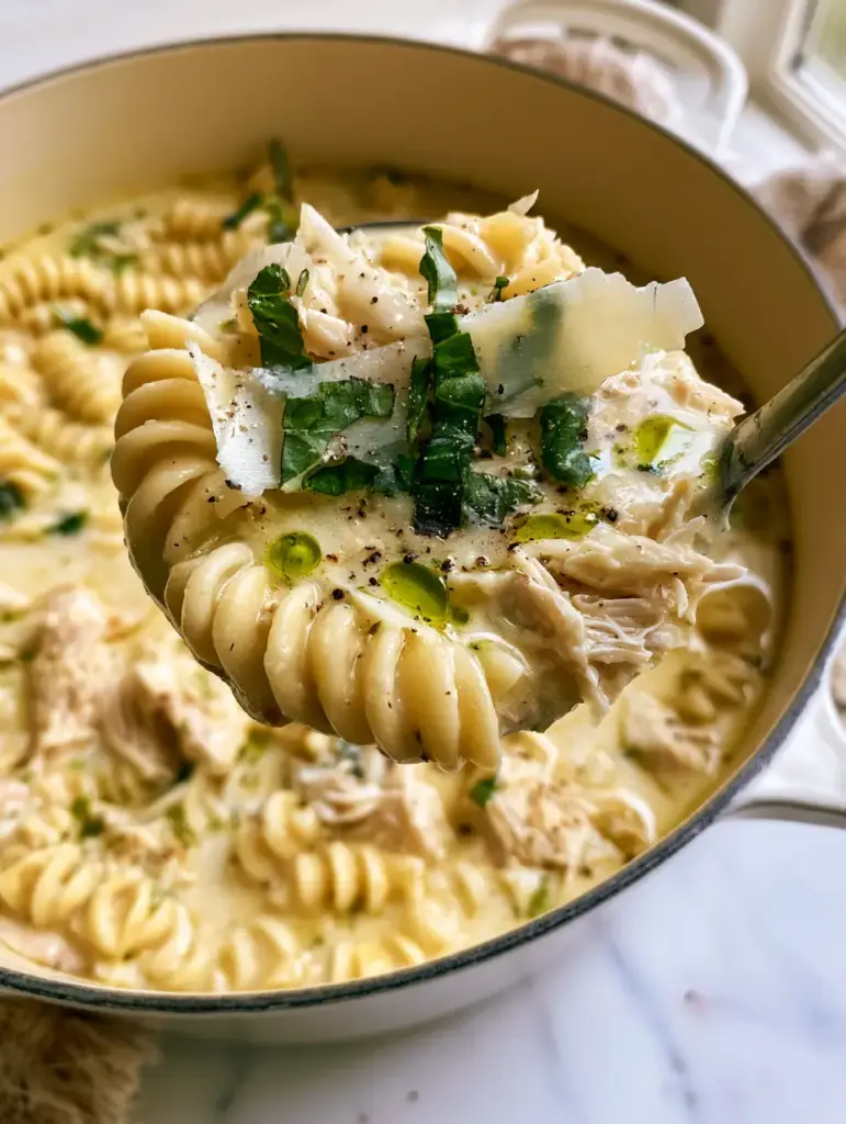 Top view of Italian chicken pasta soup in a white pot with parmesan ribbons and basil.