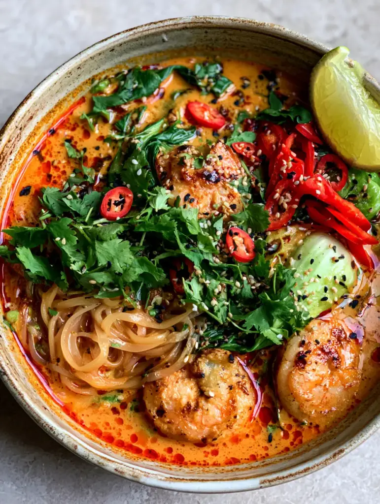 Seared shrimp with char marks on top of a bowl of Thai red curry noodle soup with lime and cilantro.