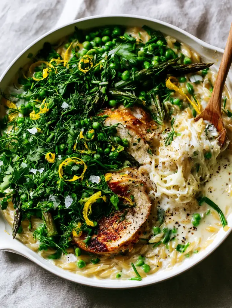 Overhead shot of the full spring orzo skillet featuring asparagus, peas, and a massive shower of dill.