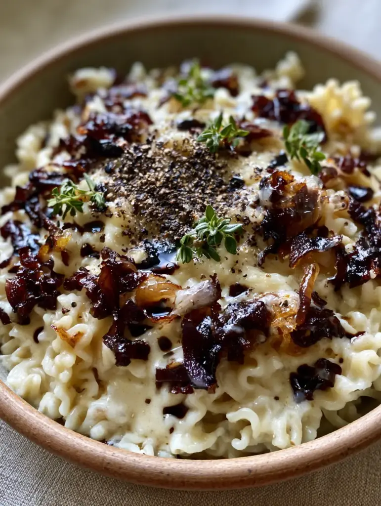 Rustic ceramic bowl of Caramelized Onion Pasta with thyme garnish and melted Gruyère streaks.