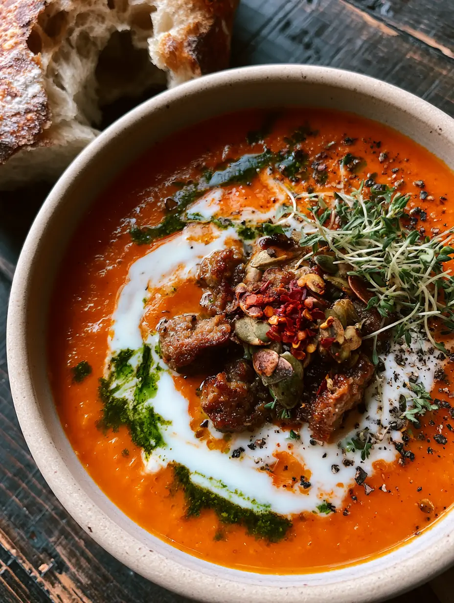Close-up of vibrant orange soup with emerald herb oil and golden sausage crumbles in a cream ceramic pot. (fall soups and stews)