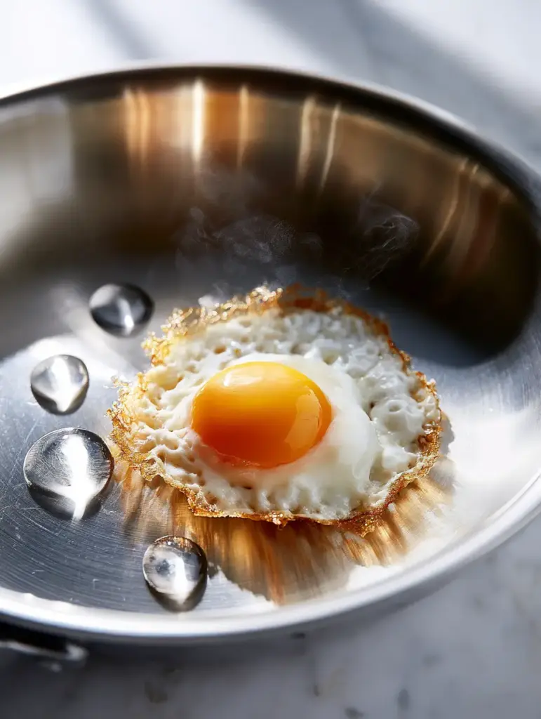 A single sunny-side-up egg with a vibrant orange yolk and crispy lace edges sliding in a stainless steel pot.