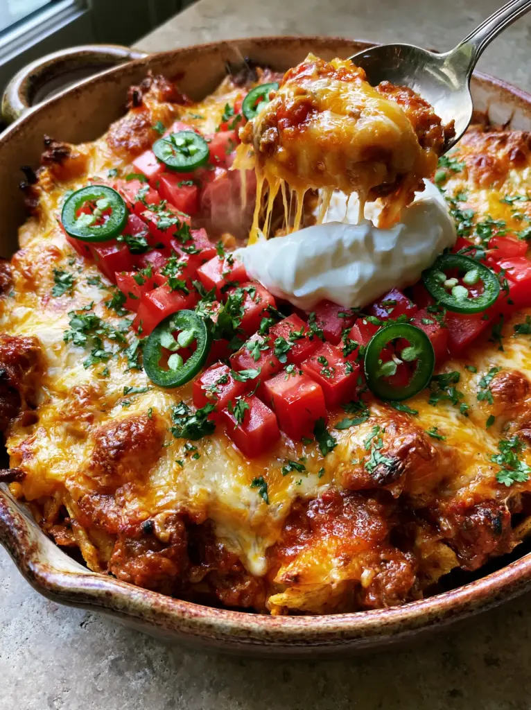 Overhead view of walking taco casserole showing the grid garnish of tomatoes and jalapeños.