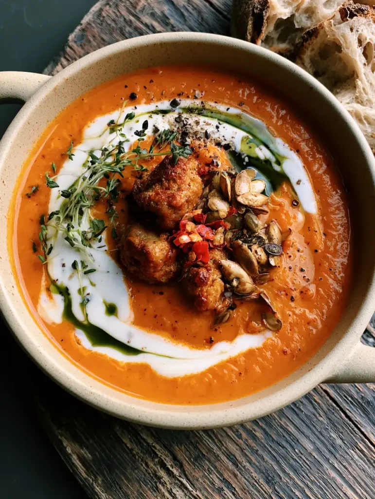 Top-down shot showing the crusty sourdough bread next to a pot of autumn soup with pumpkin seeds and micro-thyme.