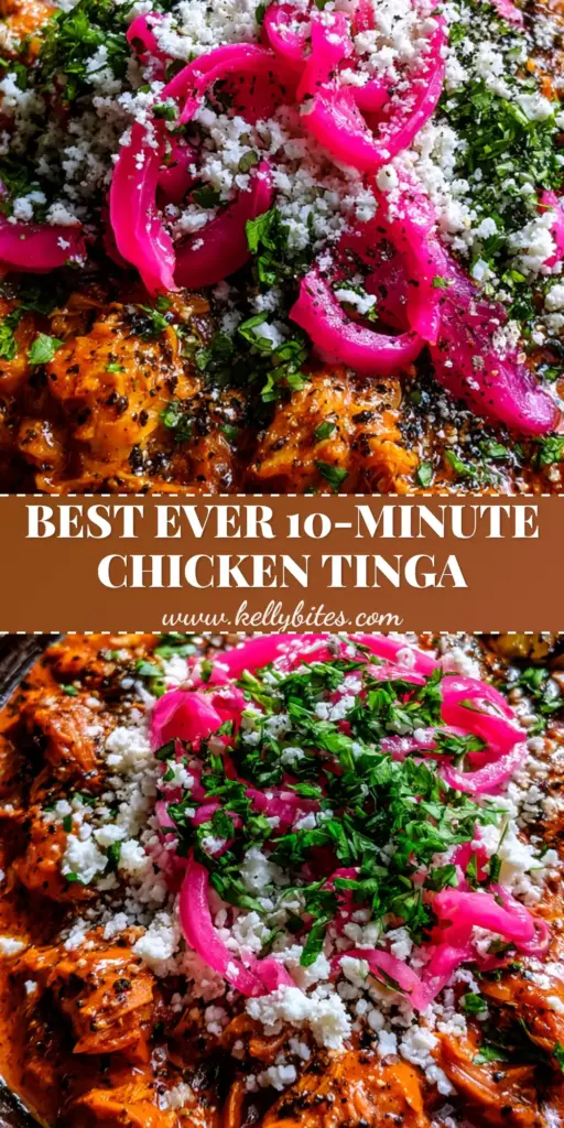 A close-up of authentic chicken tinga served in a dark clay bowl with cotija cheese and pickled onions. (chicken tinga recipe)