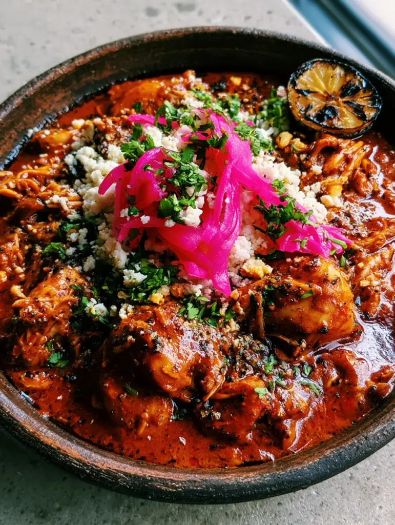 Overhead view of chicken tinga with snow-white cotija cheese and neon-pink pickled red onions. (chicken tinga recipe)