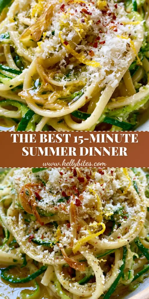 A shallow ceramic bowl of Lemon Garlic Zucchini Pasta featuring al dente linguine and vibrant zucchini ribbons. (Summer Pasta Recipe)