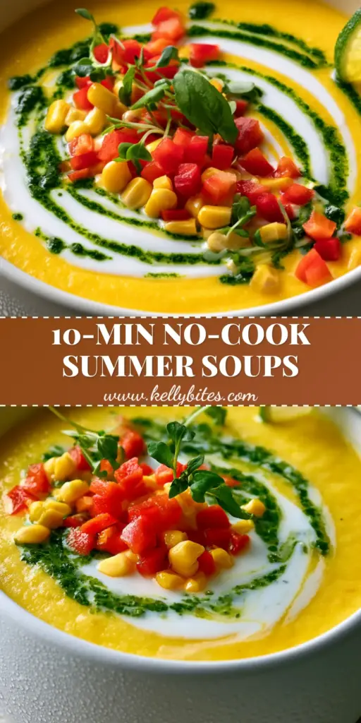 A top-down view of chilled sweet corn soup with coconut cream swirls and basil oil, perfect for summer soup recipes.