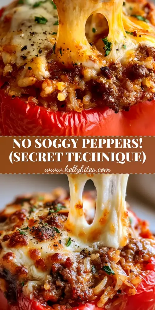A close-up vertical shot of a vibrant red stuffed pepper with a dramatic mozzarella cheese pull, showing the savory beef and rice filling. (stuffed peppers recipe)