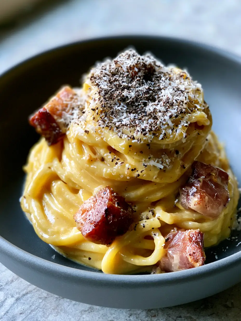 Close-up of a Carbonara recipe in a charcoal bowl with thick-cut guanciale and snow-like Pecorino cheese.