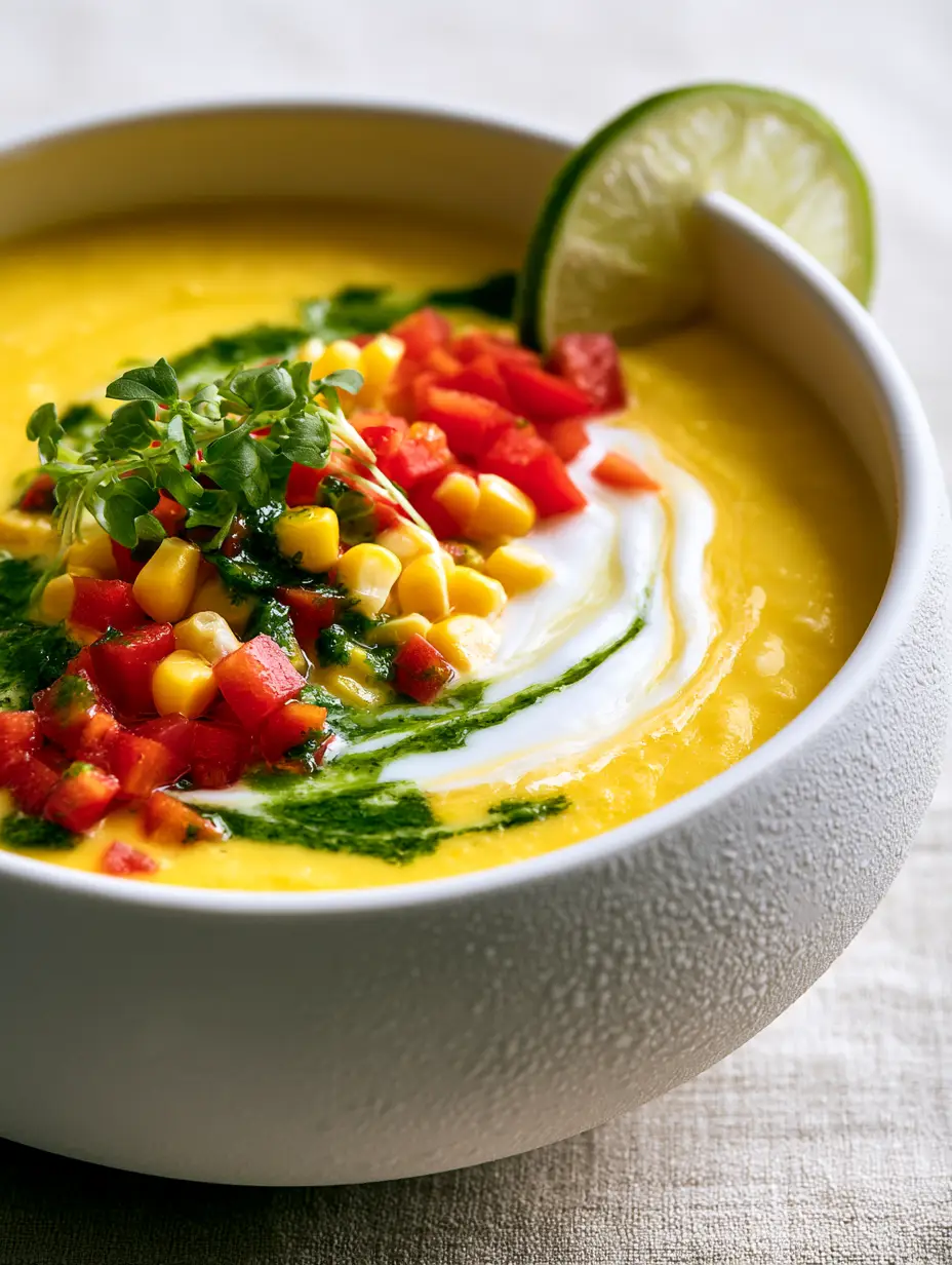 Close-up macro shot of golden corn soup in a matte white bowl with condensation beads, showcasing summer soup recipes.
