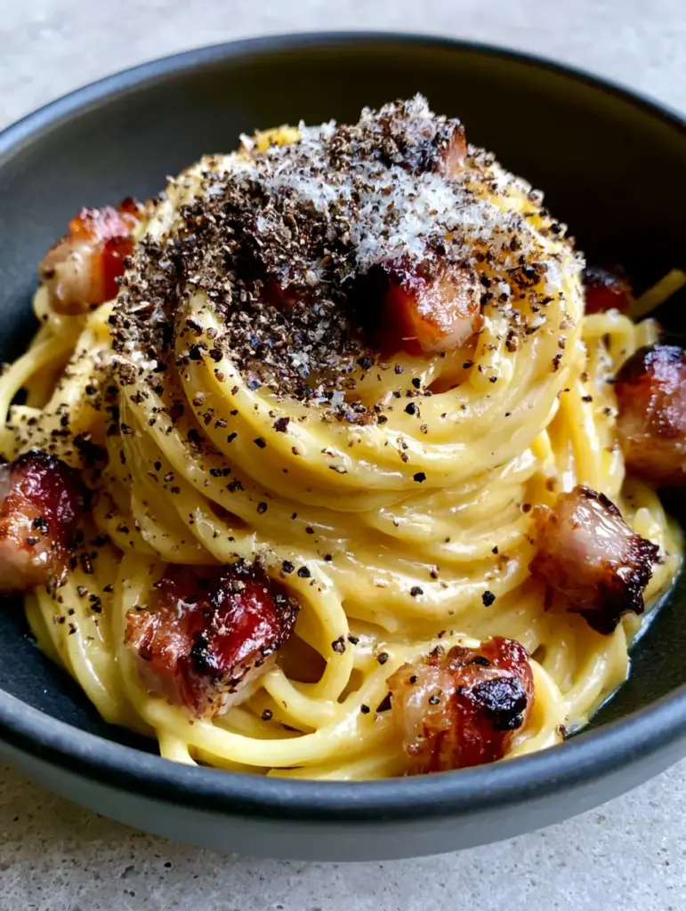 A high-angle view of Carbonara recipe featuring coarse cracked black pepper and deeply browned guanciale edges.