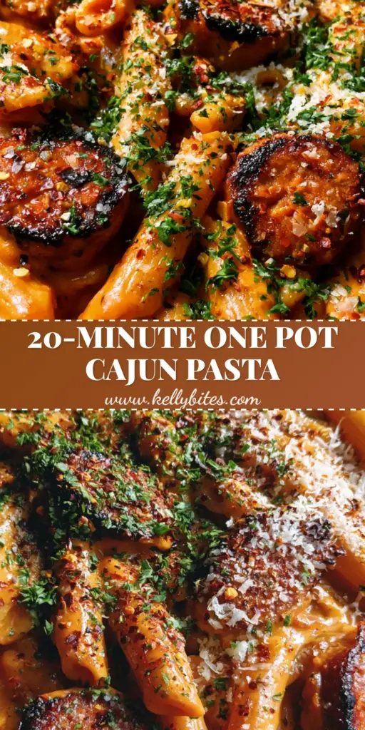 A top-down view of creamy cajun pasta in a skillet with seared andouille sausage and fresh parsley garnish.