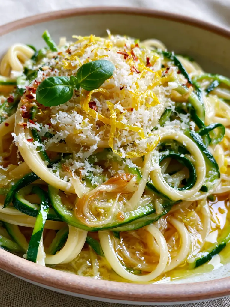 A close-up view of finely grated parmesan cheese over vibrant green zucchini ribbons and pasta. (Summer Pasta Recipe)