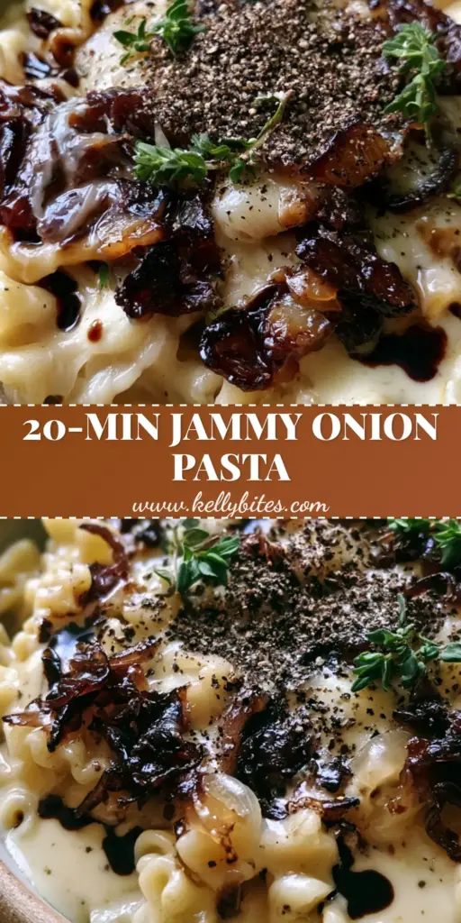 A close-up of Caramelized Onion Pasta in a rustic bowl with mahogany onions, wavy mafaldine, and balsamic drizzle.