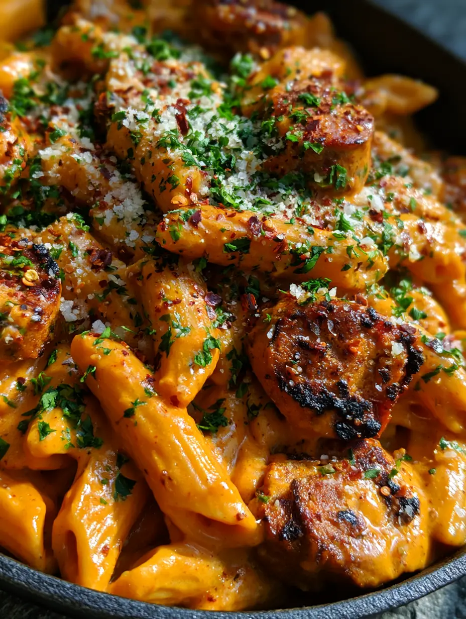 Extreme macro close-up of glossy cajun pasta with seared sausage and parmesan dusting.