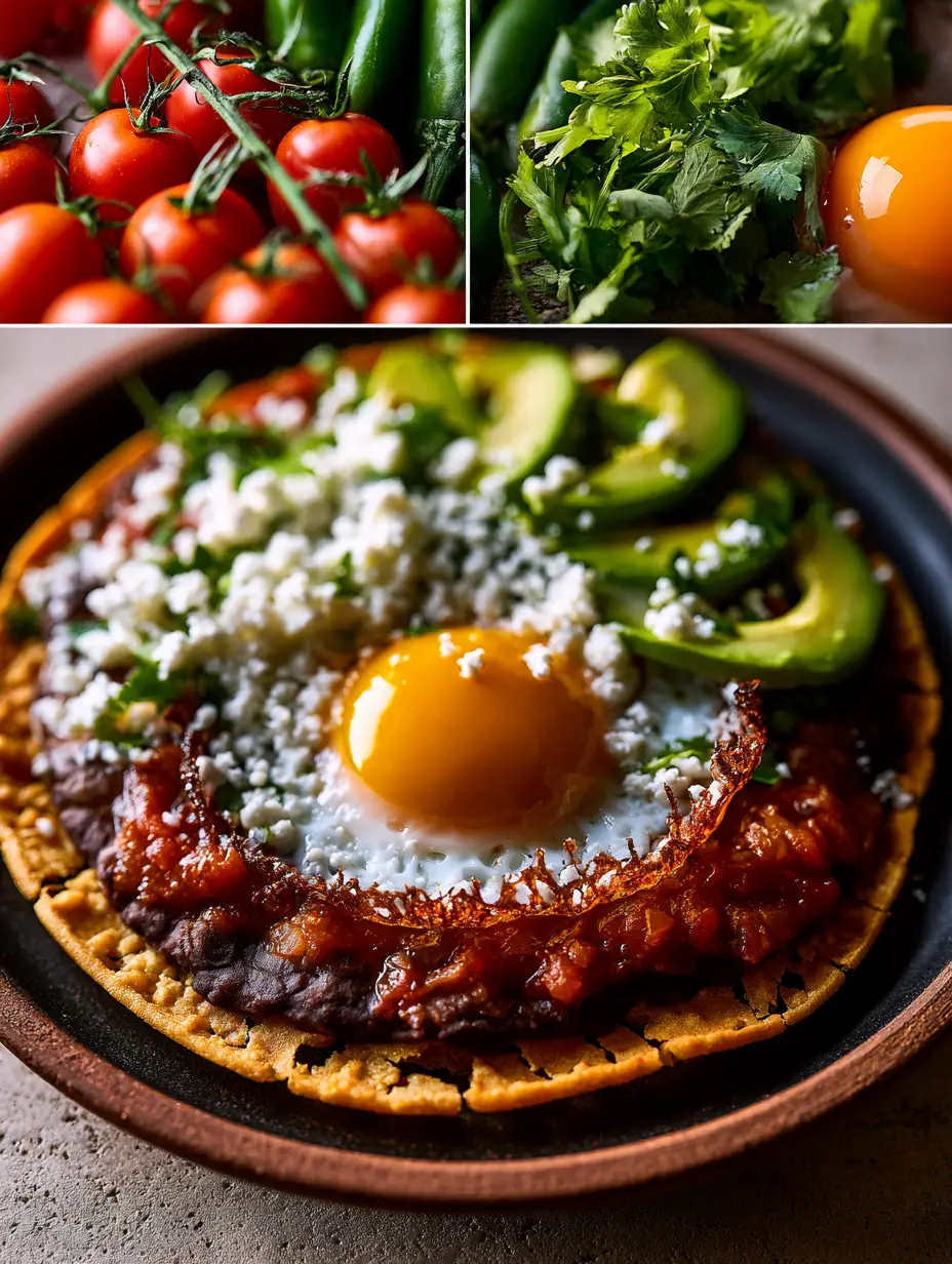 Split screen showing fresh vine tomatoes and peppers on top, and finished Huevos rancheros on a rustic clay plate on the bottom.