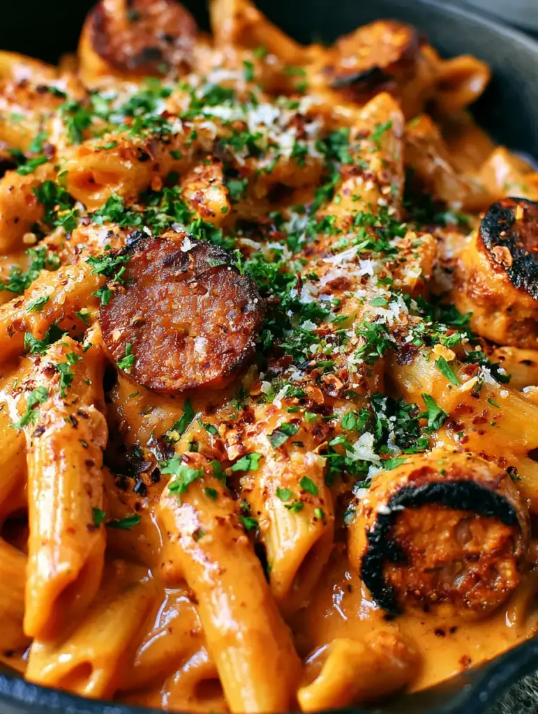 Close-up of seared andouille sausage slices in a creamy cajun pasta sauce.