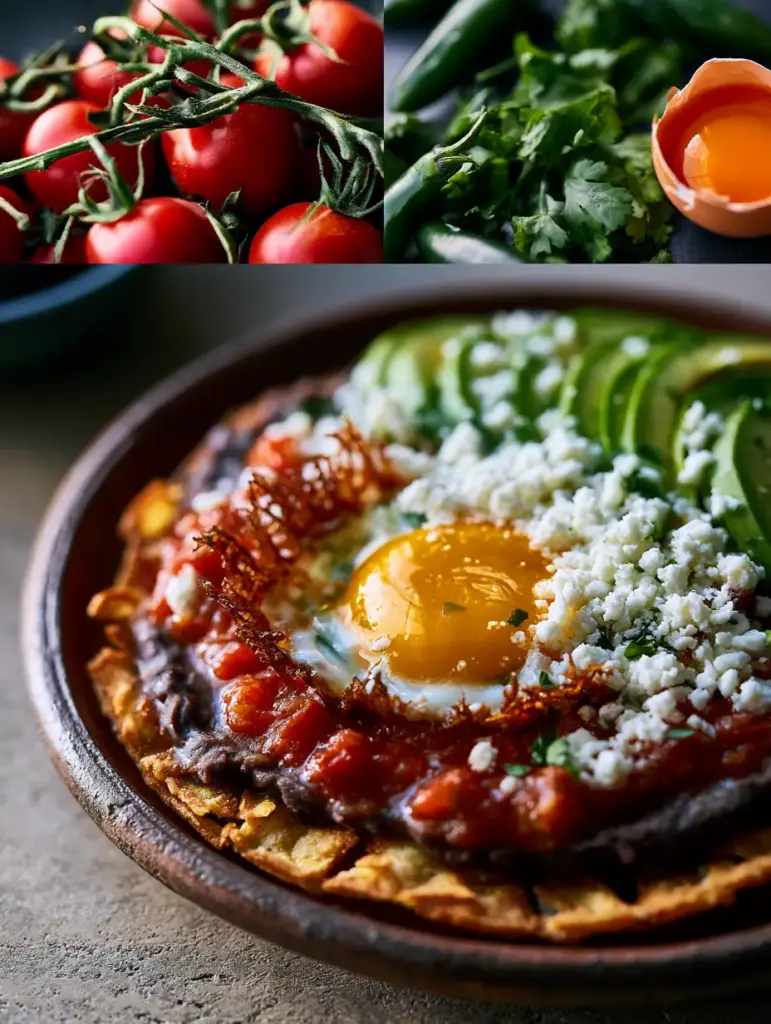 Detailed close-up of chunky salsa roja shimmering on a crispy tortilla with snowy cotija cheese and bright green avocado slices.