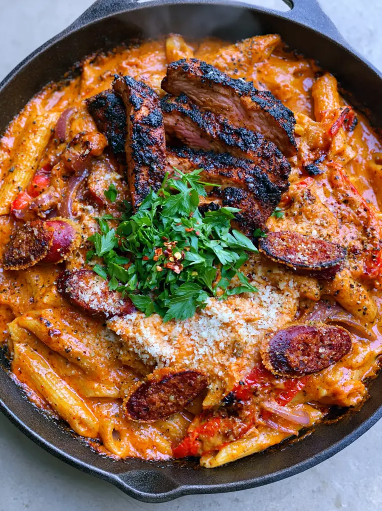 Blackened chicken breast slices on top of a vibrant orange Creamy Cajun Pasta with parsley garnish.