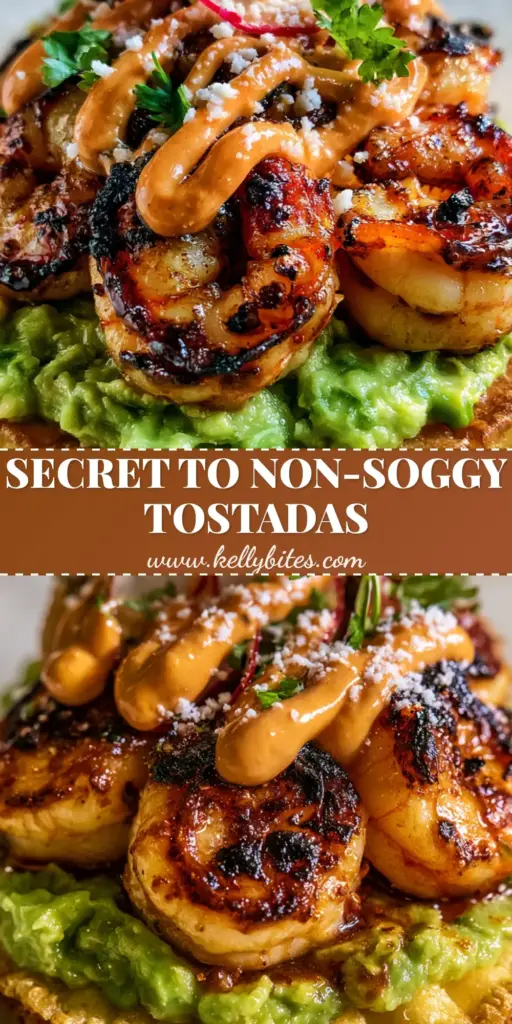 A close-up shot of a Shrimp tostada stacked with charred shrimp, chunky avocado, and chipotle crema zig-zags.