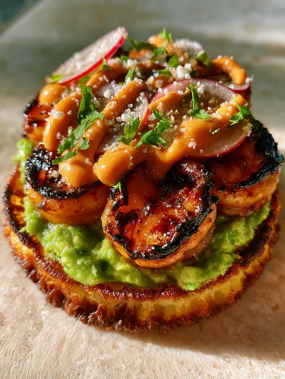 Macro side-angle shot of a golden-fried Shrimp tostada showing the thick avocado layer and charred shrimp.
