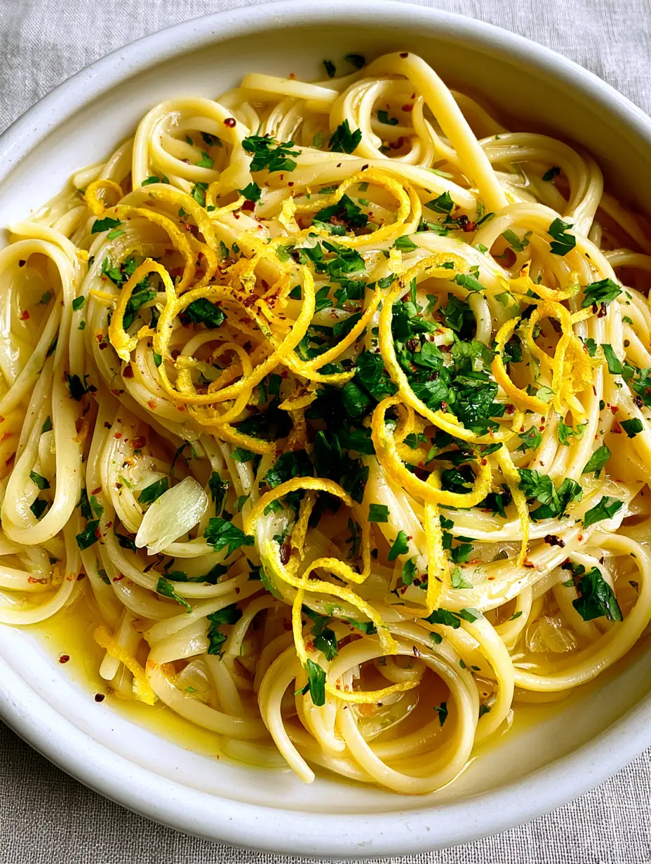 Extreme close-up of glossy al dente linguine coated in golden butter sauce with lemon zest and herbs. (summer pasta recipes)