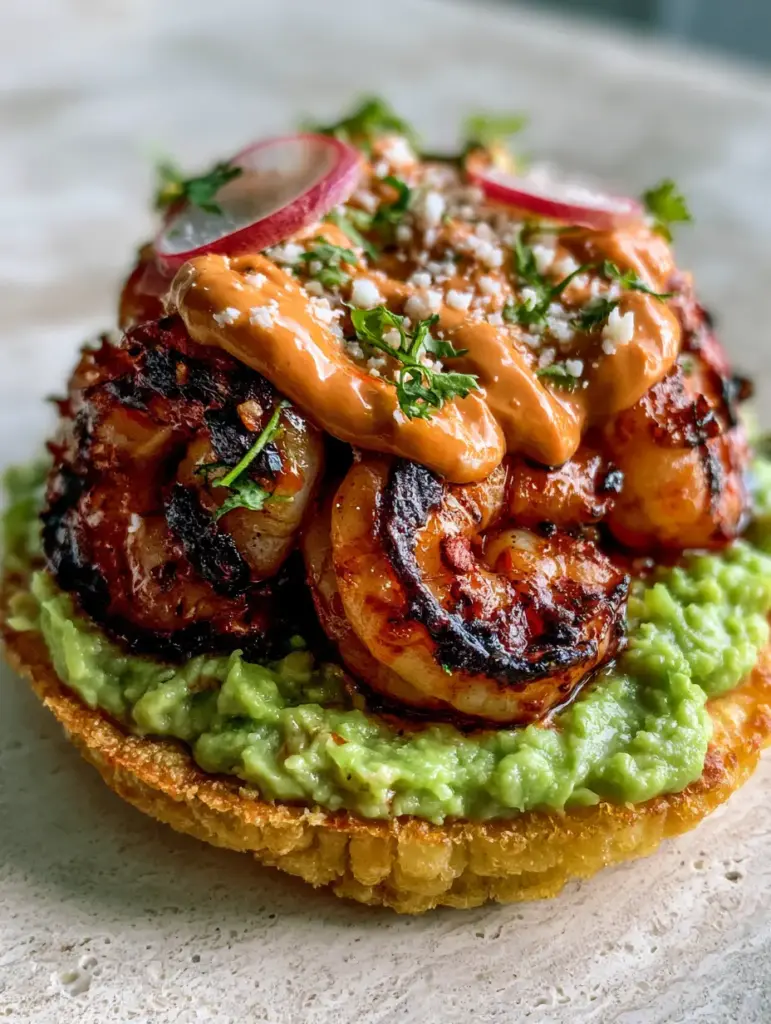 Close up of five succulent shrimp with dark charred spots on a Shrimp tostada garnished with radishes.