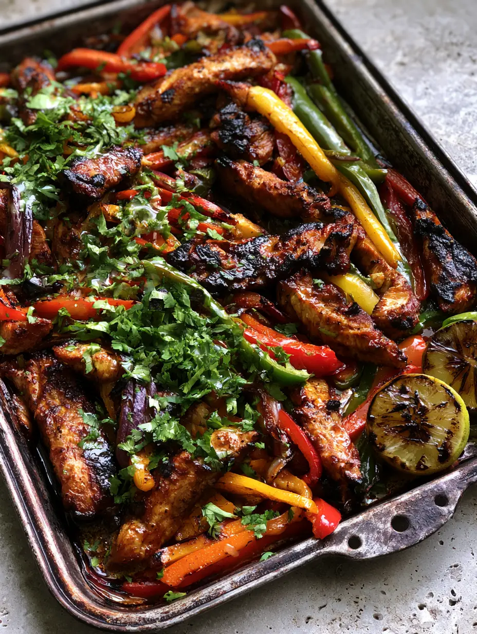 Close-up of succulent chicken strips with amber-toned marinade and charred tri-color bell peppers. (Chicken Fajitas Recipe)