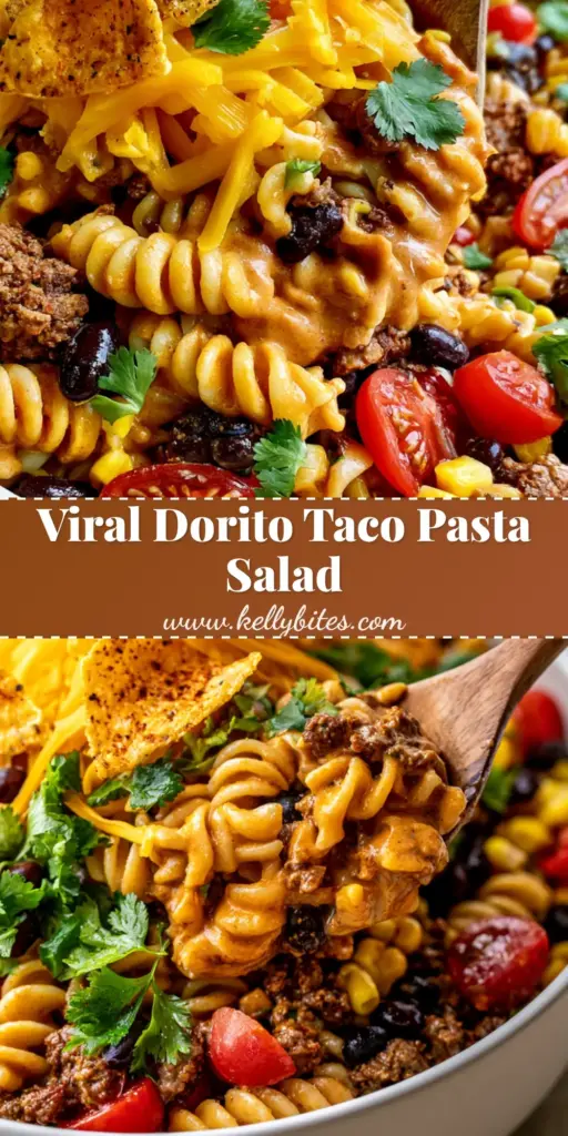 A close-up vertical shot of Taco Pasta Salad featuring rotini, seasoned beef, and crunchy Doritos, perfect for pinning.