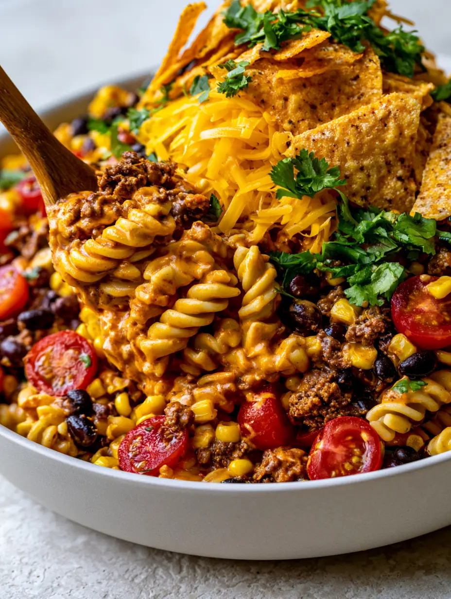 A handheld smartphone photo of a vibrant Taco Pasta Salad in a large, modern matte white ceramic bowl with a wooden spoon.