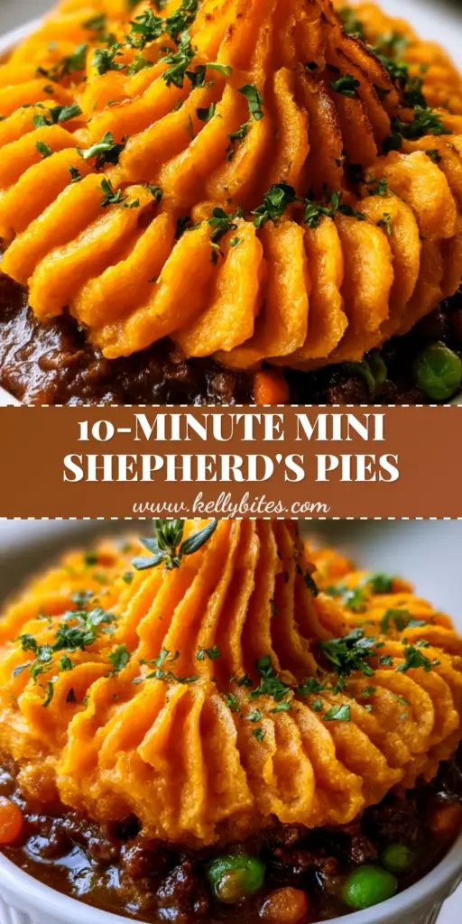 A handheld smartphone photo of an individual shepherd's pie in a white ramekin featuring Irish beef sweet potato mini pies with toasted peaks and fresh herbs.