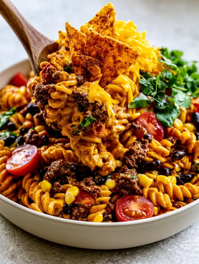 Macro shot of Taco Pasta Salad showing the textures of seared beef, corn, beans, and jagged nacho cheese Dorito shards.
