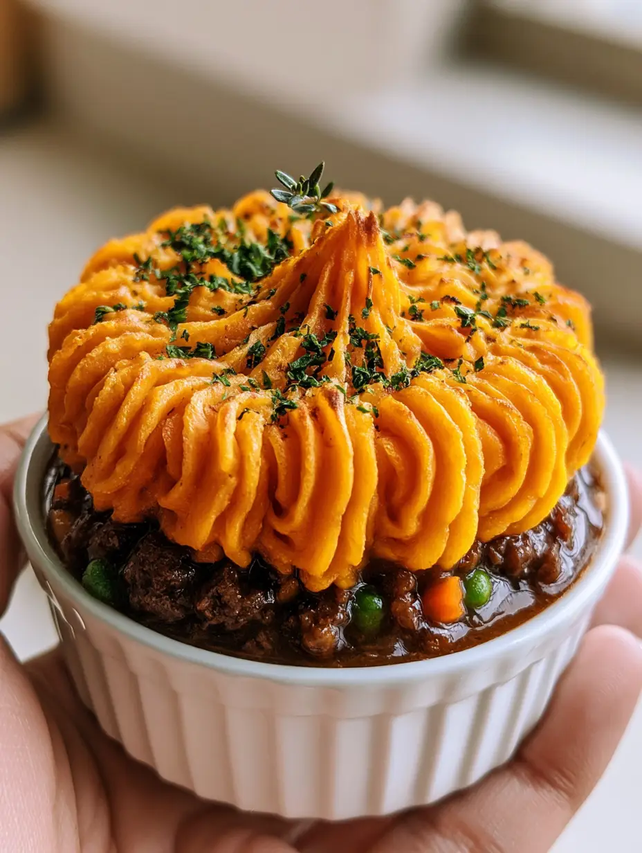 Close up of a single mini individual shepherd's pie with thick glossy gravy and bright orange sweet potato ridges. (Irish beef sweet potato mini pies)