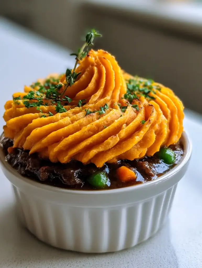 A single Irish beef sweet potato mini pie held toward the camera, showing the layers of beef, peas, and carrots.