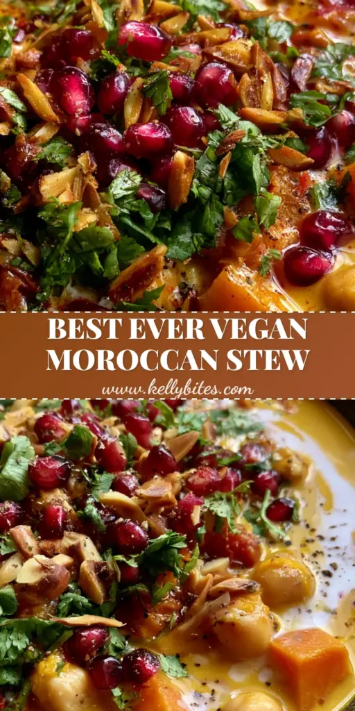 A rustic black bowl filled with vegan moroccan stew topped with pomegranate seeds, almonds, and cilantro.