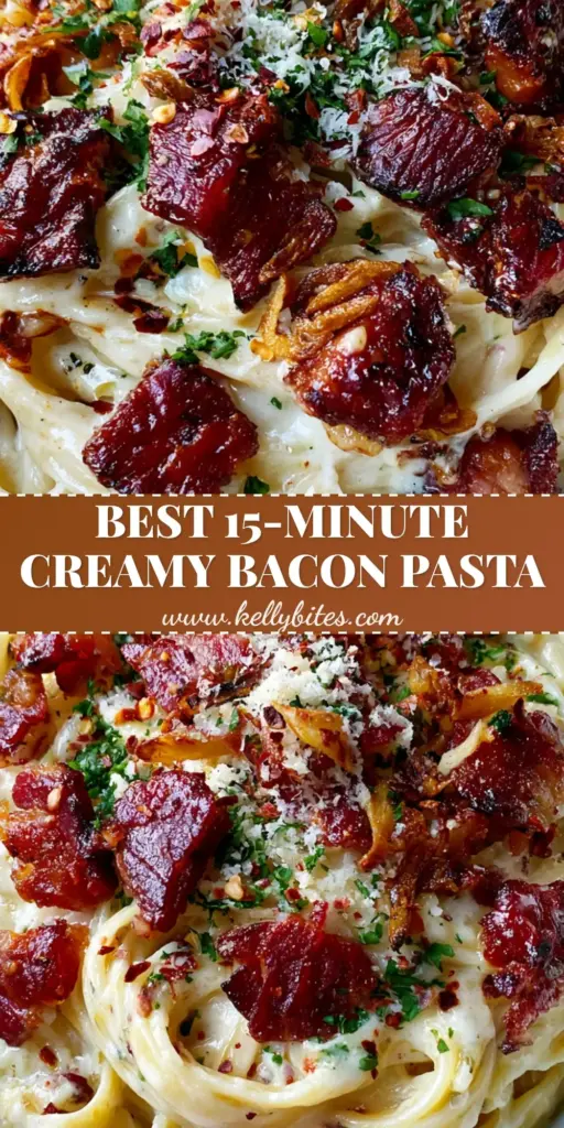 A handheld smartphone photo of a white bowl filled with garlic bacon pasta, featuring crispy bacon, toasted garlic, and parsley on a gray stone background.