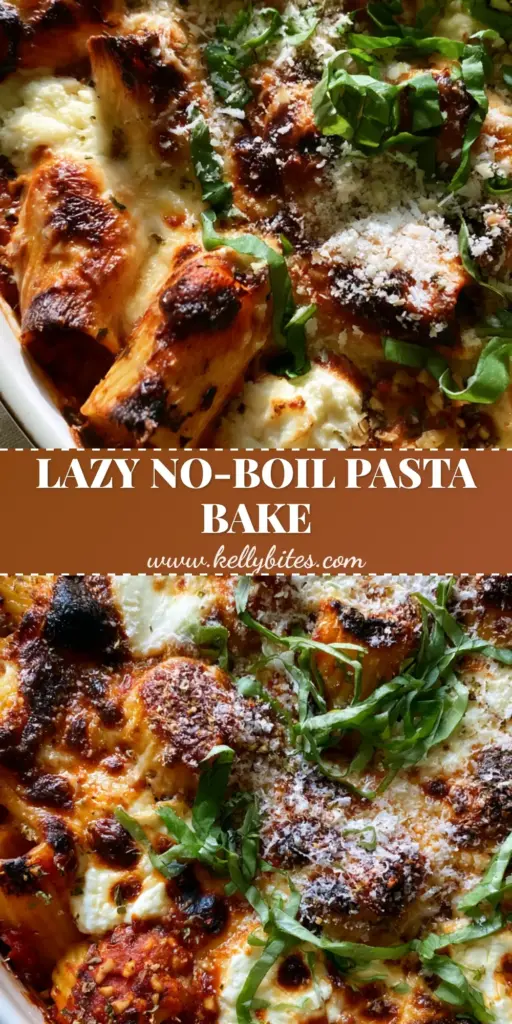 Top-down view of a Rustic Italian bake in a white ceramic dish with bubbling mozzarella, ricotta dollops, and fresh basil ribbons.