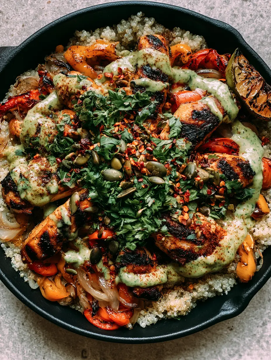 Overhead view of a cast iron skillet with seared chicken strips, blistered peppers, and fluffy quinoa. (quick recipes)