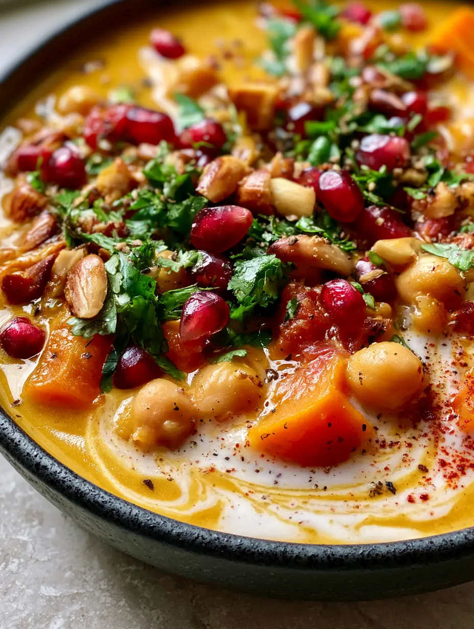 Close-up top-down view of a vegan moroccan stew in a matte-black bowl showing coconut milk swirls and spices.