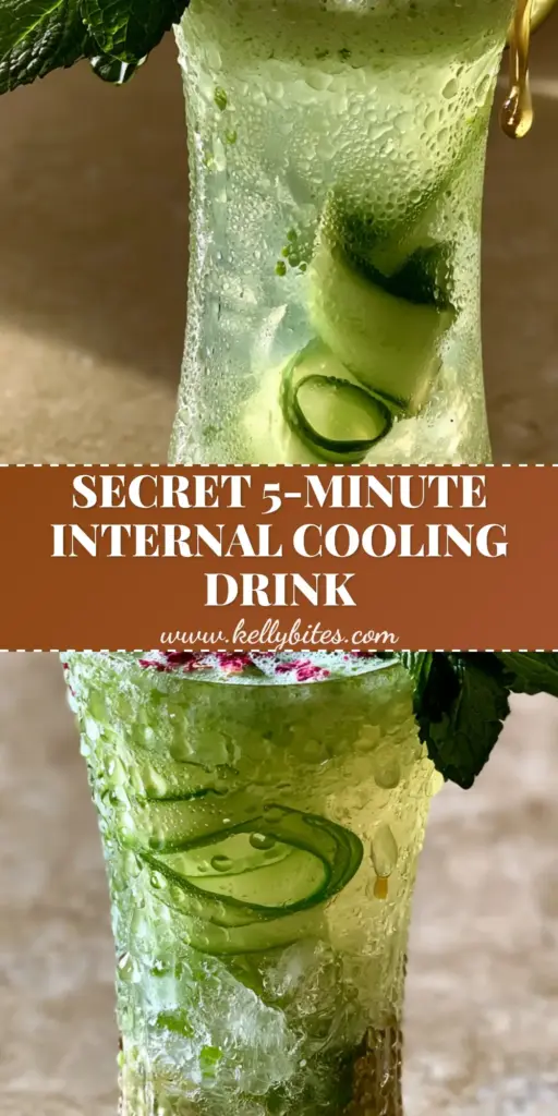 A tall fluted glass featuring a layered cooling drink with basil seeds at the bottom, spiraling cucumber ribbons, and a frothy mint-lime top.