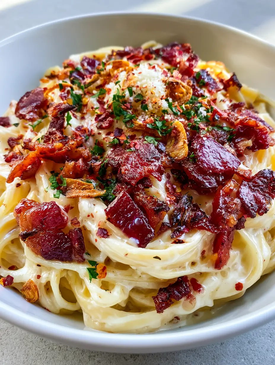 Close up shot of glistening ivory sauce on garlic bacon pasta with deep-reddish-brown bacon edges.